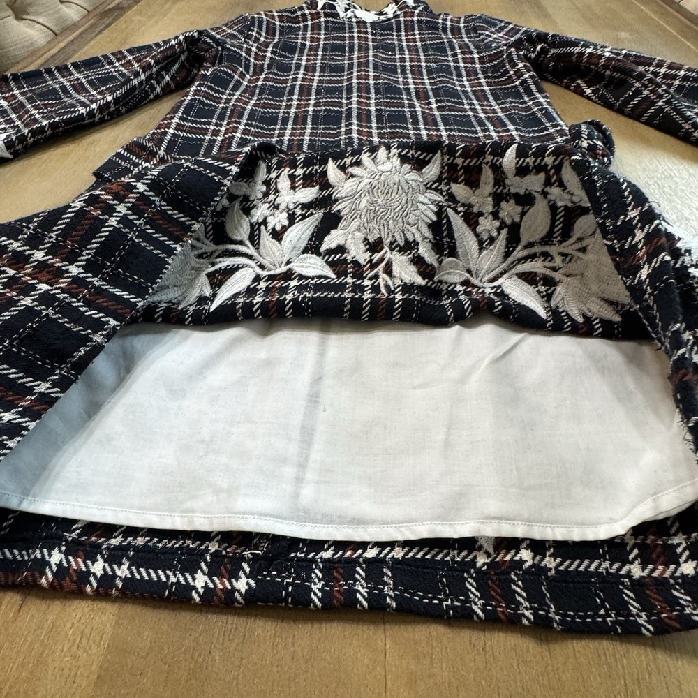Fanm Mon Layla Tweed Mini Dress Size Small Mock Neck Blue Plaid Embroidered - Picture 9 of 15